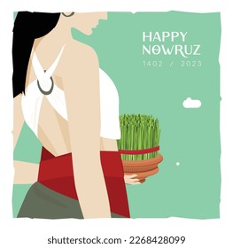 A beautiful persian girl puts Sabze on the haft sin table for nowruz. greeting card design template. iranian culture design. happy new year