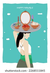 A beautiful persian girl takes haft sin on a tray on table for nowruz. greeting card design template. iranian culture design. happy new year