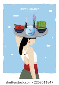 A beautiful persian girl takes haft sin on a tray on table for nowruz. greeting card design template. iranian culture design. happy new year