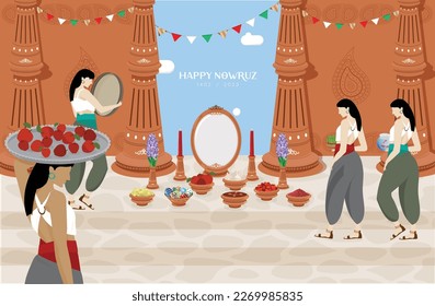 beautiful persian girls puts Sabze on the haft sin table for nowruz. greeting card design template. iranian culture design. happy new year. ancient Iran