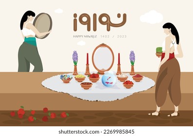 beautiful persian girls puts Sabze on the haft sin table for nowruz. greeting card design template. iranian culture design. happy new year. ancient Iran