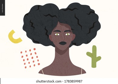 Beautiful person portrait - hand drawn flat style vector design concept illustration of a young black woman with afro hair, face and shoulders avatar with texture. Flat style vector icon