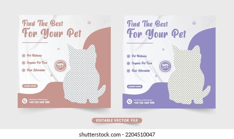 Beautiful pet grooming shop social media post vector with purple and clay colors. Pet veterinary service promotional web banner design with abstract shapes. Pet care center template vector.