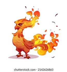Beautiful phoenix, firebird character with orange burning feathers. Vector cartoon illustration of fairy tale fenix, mythology magic bird with fire isolated on white background