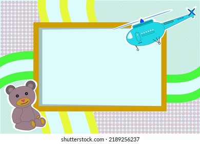 Beautiful photo frame for a child, a boy with a helicopter and a teddy bear