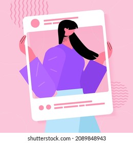 beautiful photo of woman blogger social network girl making post for followers social media addiction concept