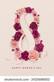 Beautiful photorealistic burgundy and pale apricot roses, gypsophila flowers around a figure eight with ribbon on a light background. Happy Women's Day design for 8 March holiday