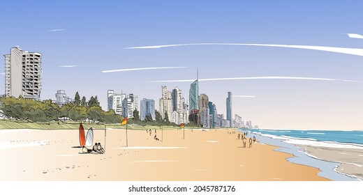 Beautiful picture beach view on the city Surfers Paradise. Queensland.  Australia. Hand drawn vector illustration. 