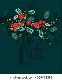 beautiful picture blossoming spring branches with birdcage