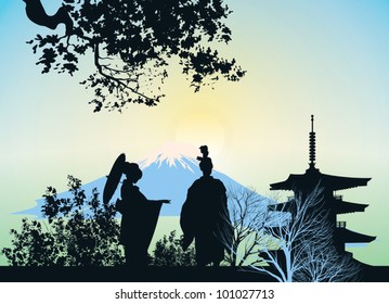 beautiful picture of a geisha, mountains and trees