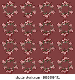 Beautiful picture for Wallpapers, postcards, posters, fabrics. Roses, leaves, stems, patterns of pink flowers. Scalable vector isolated image.