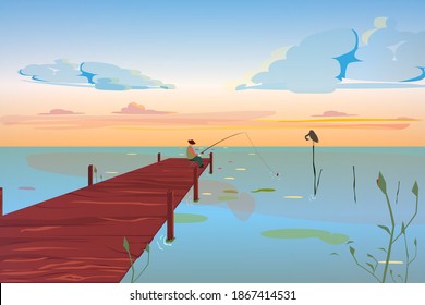 A beautiful pier with a fisherman on it. The bird on the lake rests, against the cloud sky. The lake with piers in light colors. Vector eps illustration.