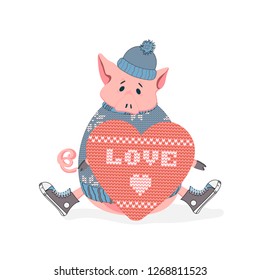 A beautiful pig in a blue hat, sweater and sneakers holds a knitted heart with the word "Love" in celebration of Valentine's Day. Hand-drawn. Vector illustration.