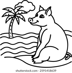 A  beautiful pig   on the beach  vector art illustration 