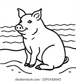 A  beautiful pig   on the beach  vector art illustration 