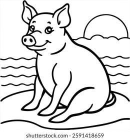 A  beautiful pig   on the beach  vector art illustration 