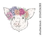 A beautiful pig in a wreath of peonies and roses. Flowers. Vector illustration.