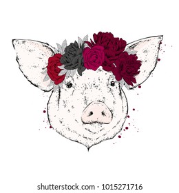 A beautiful pig in a wreath of peonies and roses. Flowers. Vector illustration.