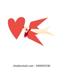 Beautiful Pigeon Hold Heart. Modern Flat Vector Illustration. Social Media Ads.