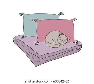 Beautiful pillows, blanket and cat  on a white background. Hand drawn vector. 