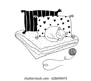 Beautiful pillows and cat  on a white background. Hand drawn vector. 