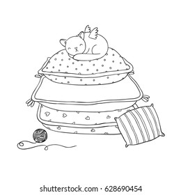 Beautiful pillows and cat with wings on a white background. Hand drawn vector. Coloring book.