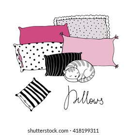 Beautiful pillows and cute cat on a white background. Hand drawn vector.