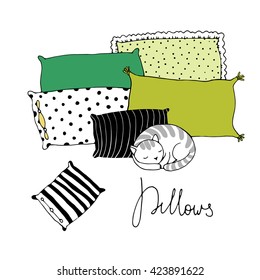 Beautiful pillows and cute cat on a white background. Hand drawn vector.