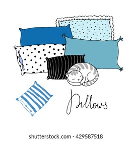 Beautiful pillows and cute cat on a white background. Hand drawn vector.