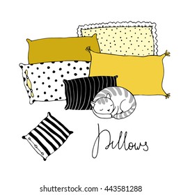 Beautiful pillows and cute cat on a white background. Hand drawn vector.