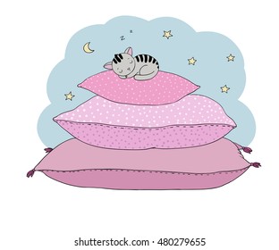 Beautiful pillows and cute cat on a white background. Hand drawn vector.