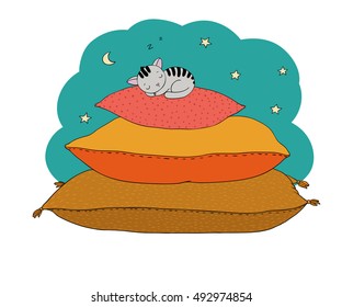 Beautiful pillows and cute cat on a white background. Starry sky.