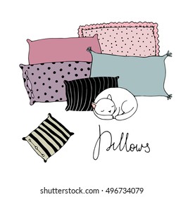 Beautiful pillows and cute cat on a white background. Hand drawn vector.