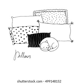 Beautiful pillows and cute cat on a white background. Hand drawn vector.