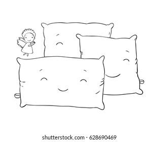 Beautiful pillows and cute little angel. Hand drawing isolated objects on a white background.Vector illustration. Simple cushion.