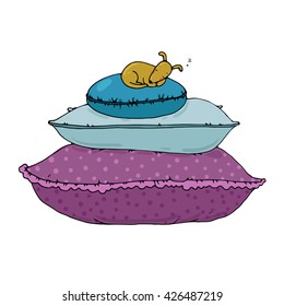 Beautiful pillows and dog on a white background. Cushions. Hand drawn vector. 