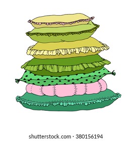 Beautiful pillows. Hand drawn vector on a white background.