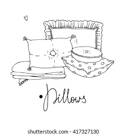 Beautiful pillows on a white background. Hand drawn vector. Coloring book.