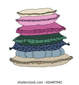 Beautiful pillows on a white background. Cushions. Hand drawing isolated objects on white background. Vector illustration. 