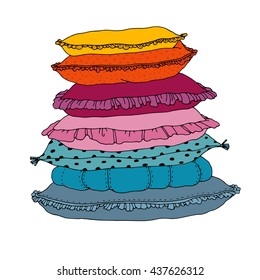 Beautiful pillows on a white background. Cushions. Hand drawing isolated objects on white background. Vector illustration. 