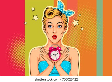 Beautiful Pin Up Girl With Alarm Clock Vector Illustration In Pop Art Style