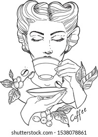 Beautiful Pin Up Girl With Coffee Cup. Line art vector illustration.