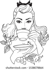 Beautiful Pin Up Girl With Coffee Cup. Line art vector illustration.