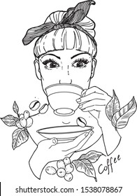 Beautiful Pin Up Girl With Coffee Cup. Line art vector illustration.