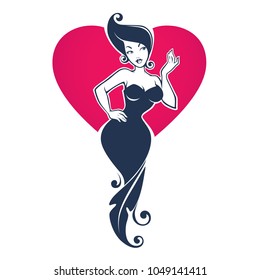 beautiful pin up girl in floral dress on red heart background, vector illustration, for your logo, label, emblem