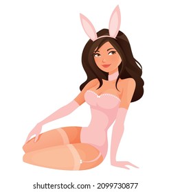 Beautiful Pin Up Girl In Sexy Pink Bunny Costume. Attractive Young Woman In Seductive Lingerie - Corset And Stockings. Pinup Girl Or Burlesque. Cartoon Character. Isolated.