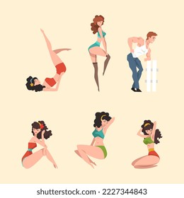 Beautiful pin up girls and guy models wearing stylish clothes of 1950s vector illustration