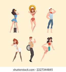 Beautiful pin up girls and guys wearing stylish clothes of 1950s cartoon vector illustration