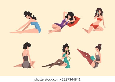 Beautiful pin up girls models wearing stylish clothes cartoon vector