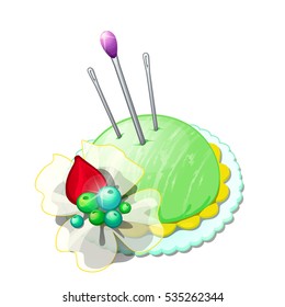 Beautiful pincushion with needles and pins isolated on white background. Set sewing studio or tailoring atelier. Vector cartoon needle cushion close-up illustration.